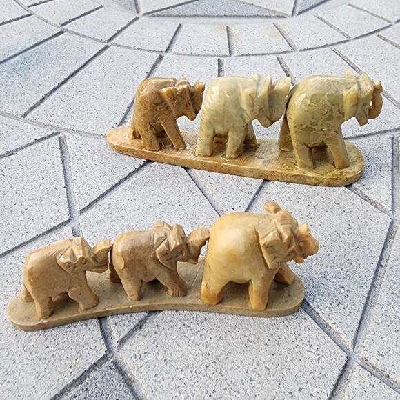 Two Soapstone Hand Carved Triple Elephant Bridge Sculptures - Picture 2 of 8